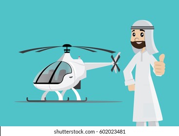 Cartoon character, Arab Businessman and his helicopter., vector eps10