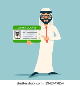 Cartoon character arab car driver license businessman traditional national muslim clothes design retro vector illustration