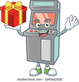 cartoon character of arcade game machine with a box of gift
