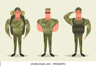 Cartoon Character - Army Soldier. Vector Set