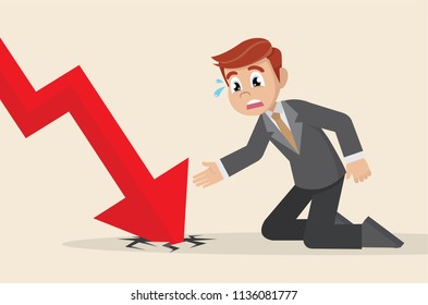 Cartoon character, Arrow graph going down and Depressed Businessman., vector eps10
