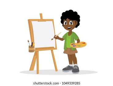 Cartoon character, Artist African Girl painting on canvas., vector eps10