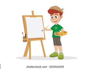 Cartoon character, Artist boy painting on canvas., vector eps10