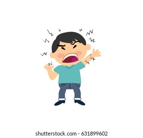 Cartoon character asian boy angry; isolated vector illustration.