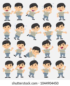 Cartoon character asian boy in jeans. Set with different postures, attitudes and poses, doing different activities in isolated vector illustrations.