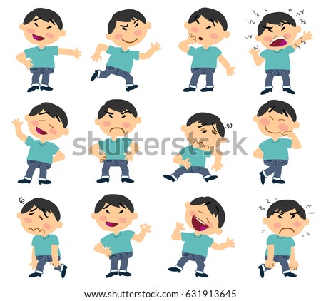 Cartoon character asian boy set with different postures, attitudes and poses, doing different activities in isolated vector illustrations.