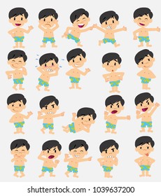 Cartoon character asian boy in swimsuit. Set with different postures, attitudes and poses, doing different activities in isolated vector illustrations.																									