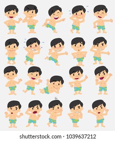 Cartoon character asian boy in swimsuit. Set with different postures, attitudes and poses, doing different activities in isolated vector illustrations.																									