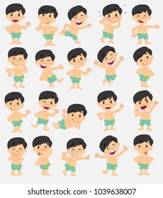 Cartoon  character asian boy in swimsuit. Set with different postures, attitudes and poses, always in positive attitude, doing different activities in vector illustrations.																									