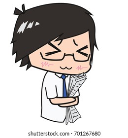 Cartoon Character Asian Businessman wear glasses receive good news from the newspaper, smiling and hugging newspaper. Happy concept. Isolated on White Background.