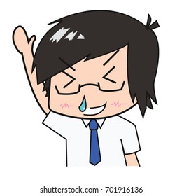 Cartoon Character Asian Businessman wear glasses have a runny nose with waving hand and welcome. Isolated on White Background.