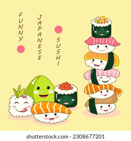 Cartoon character asian food. Big sticker set with sushi, roll, shrimp. In trendy groovy hippie retro style. Vector illustration funny sushi