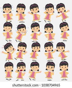 Cartoon character asian girl. Set with different postures, attitudes and poses, doing different activities in isolated vector illustrations.