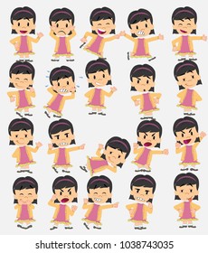 Cartoon character asian girl. Set with different postures, attitudes and poses, doing different activities in isolated vector illustrations.