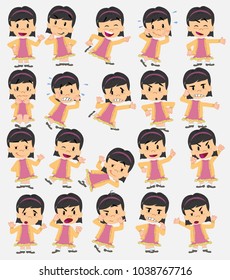 Cartoon character asian girl. Set with different postures, attitudes and poses, doing different activities in isolated vector illustrations.