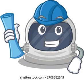 Cartoon character of astronaut helmet brainy Architect with blue prints and blue helmet