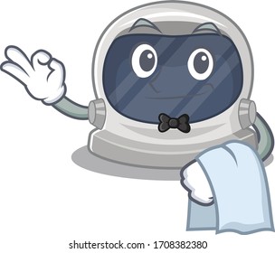 A cartoon character of astronaut helmet waiter working in the restaurant