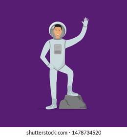 Cartoon Character Astronaut Person on Stone Space Concept Element Flat Design Style. Vector illustration of Cosmonaut