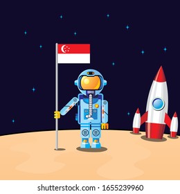 Cartoon character astronaut in space with shuttle. Singapore flag. Flying to the moon. Image for fantasy and dream of children.