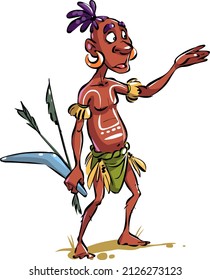 Cartoon Character from Australia Aboriginal with boomerang and arrows. Australia Aborigine points with his hand.