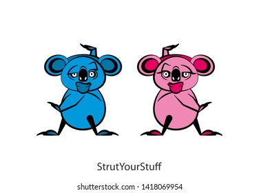 Cartoon character of the Australian inhabitant. Funny koala is standing in the pose of dance and grimaces. Vector illustration. Let's go to the carnival! Enjoy the dance. Spark off.