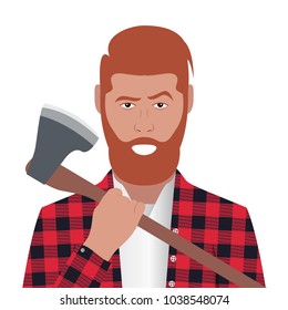 Cartoon character. Avatar symbol. Lumberjack holding an axe. Vector illustration