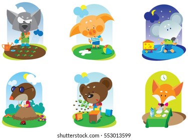 Cartoon character of Baby Animals. Fox is cook. Bear is beekeeper. Wolf is gardener. Mole ready for dinner. Pig dinner dropped the ice cream.Mouse carries a piece of cheese.