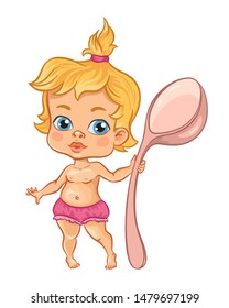 Cartoon character baby girl. Isolated on a white background. Vertical vector illustration. Girl blonde standing with a spoon in her hands.