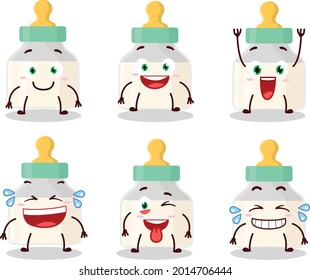 Cartoon character of baby pacifier with white milk with smile expression. Vector illustration