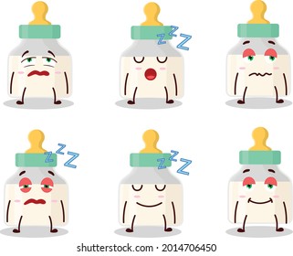 Cartoon character of baby pacifier with white milk with sleepy expression. Vector illustration