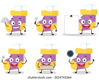 Cartoon character of baby purple socks with various chef emoticons. Vector illustration