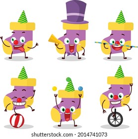 Cartoon character of baby purple socks with various circus shows. Vector illustration