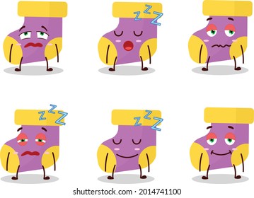 Cartoon character of baby purple socks with sleepy expression. Vector illustration