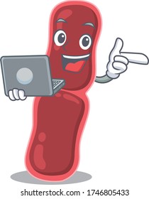 Cartoon character of bacillus bacteria clever student studying with a laptop