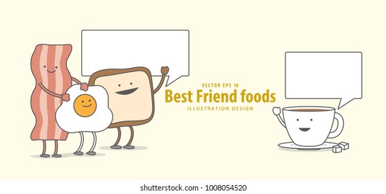 Cartoon character of Bacon, Fried egg, Toast, Coffee, (Breakfast) talk together illustration vector on pale yellow background. Best friend foods concept.
