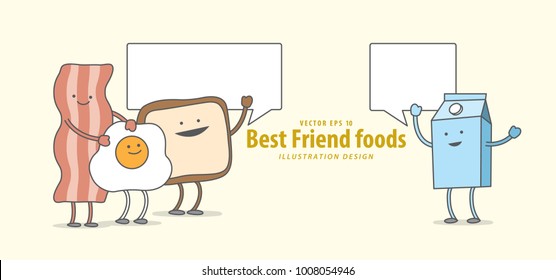 Cartoon character of Bacon, Fried egg, Toast, Milk, (Breakfast) talk together illustration vector on pale yellow background. Best friend foods concept.