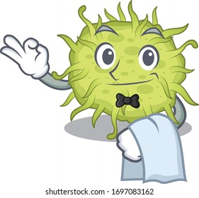 A cartoon character of bacteria coccus waiter working in the restaurant