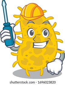 cartoon character of bacteria spirilla worked as an automotive