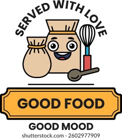A cartoon character with a bag and a spoon is smiling