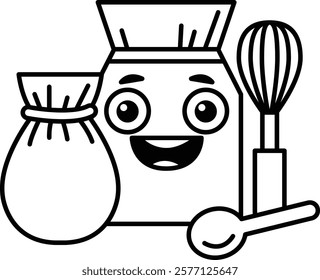 A cartoon character with a bag whisk and spoon is smiling