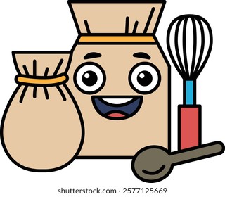 A cartoon character with a bag, whisk, and spoon is smiling