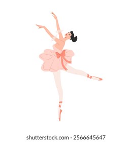 Cartoon character of ballerina in dance pose. Girl dancing classical choreography in pointe shoes