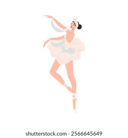 Cartoon character of ballerina in dance pose. Girl dancing classical choreography in pointe shoes