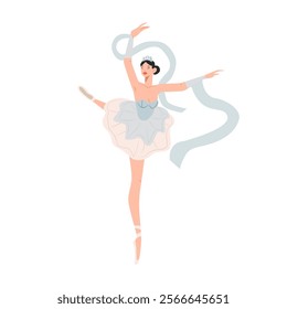 Cartoon character of ballerina in dance pose. Girl dancing classical choreography in pointe shoes