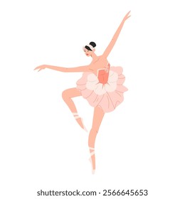 Cartoon character of ballerina in dance pose. Girl dancing classical choreography in pointe shoes