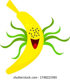 cartoon character banana mutant with many eyes and green tentacles halloween concept and fruit object on a white background