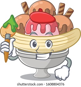 Cartoon character of banana split Artist with a brush