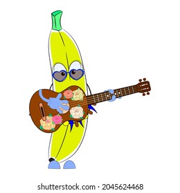 Cartoon character banana with a ukulele. Vector illustration.