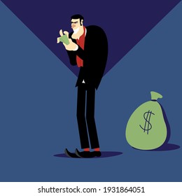 Cartoon character. Bank. Finance. Greedy. Miser. Stingy. Sinister. Economy. Bear of money. Businessman. Character. Rigging. Money. Banking character. Financier. Bitcoin. Cartoon. Vector illustration.