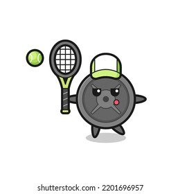 Cartoon character of barbell plate as a tennis player , cute design